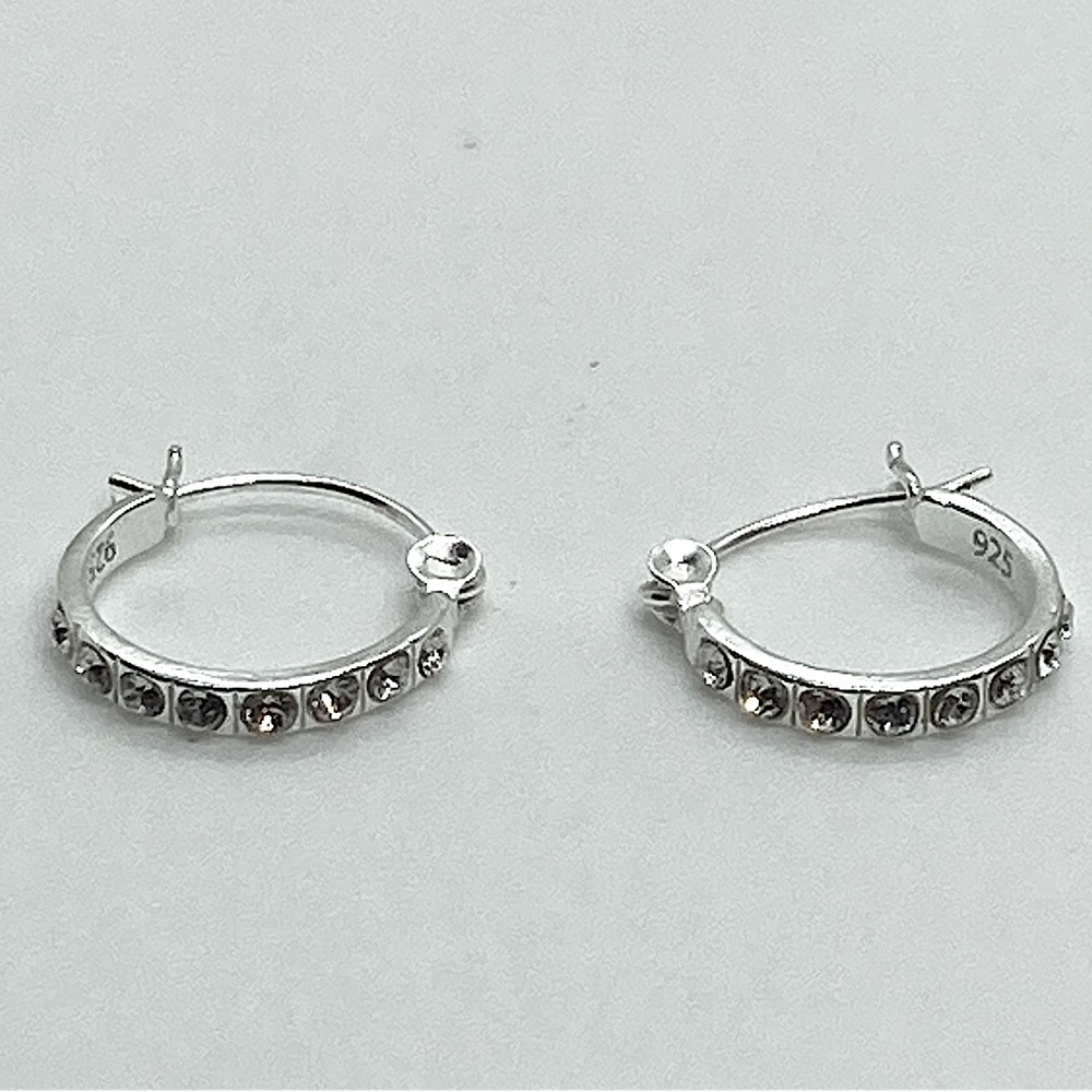 Vtg 925 Sterling Silver Rhinestone Mini Hoops Hoop Earrings | 12mm